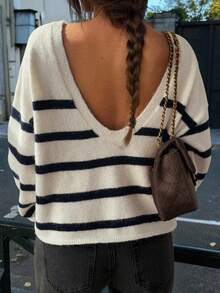 Suéter holgado de manga larga, sin espalda, de estilo informal y de vuelta al colegio con rayas, para mujer, de otoño e invierno de Just Masa