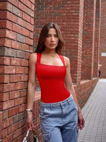 OQQ 3 Piece Bodysuits For Women Sexy Ribbed Strappy Square Neck Stretch Tank Tops Bodysuits - Black,Red,Rose White - View 2
