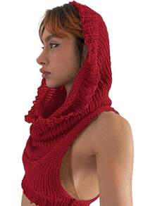 Women Knitted Hoodie Sweater Vest Sleeveless Hollow Out Hooded Crop Top Streetwear Rave Oufit - 紅色 - 查看 2
