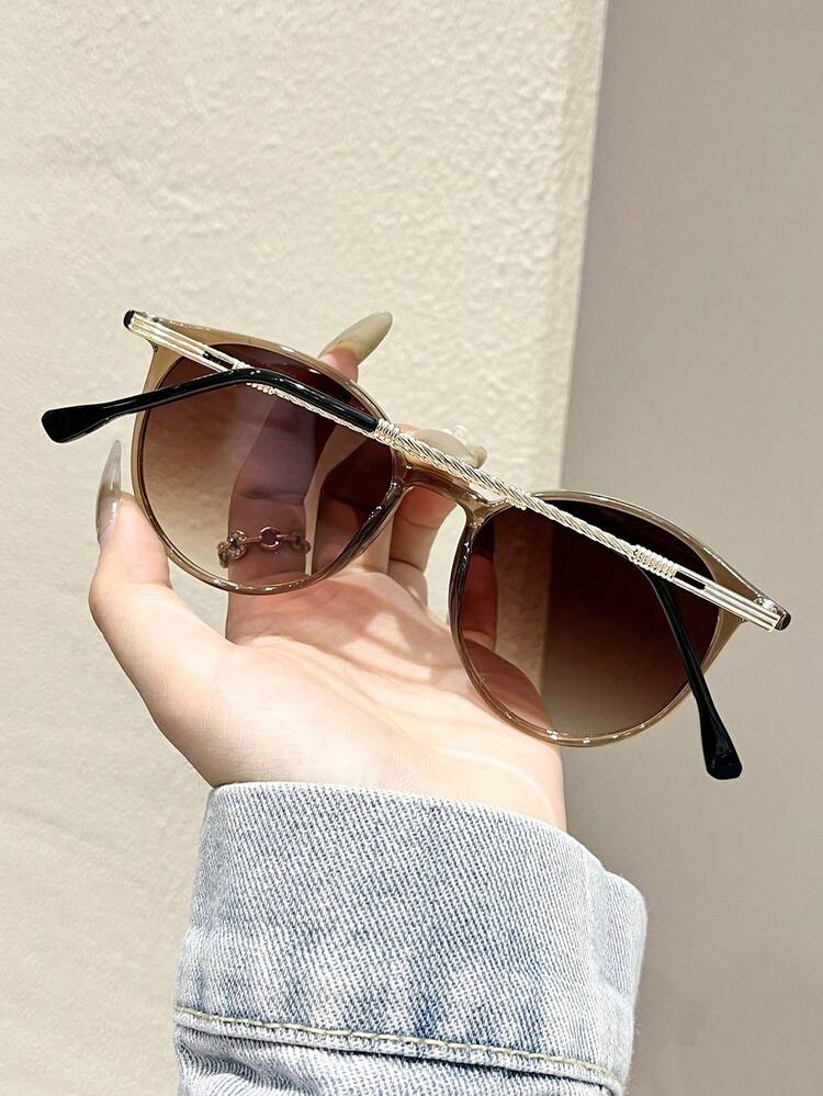 1 Pair Plastic & Metal Round Frame Gradient Lens Modern Minimalist Style Women's Fashion Glasses , Suitable For Driving, Street Photography, Vacation Outfits, Family Outings In Summer, Essential Summer Accessory, Fits All Face Shapes - 1pc Toucha Double Tea - View 3