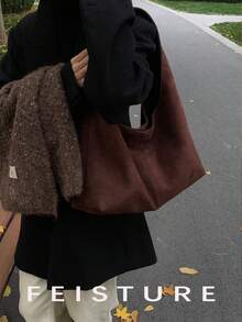 1 件 FEISTURE 绒面革面料大号日常通勤单肩包，时尚宽敞的手提包，带磁扣，适合日常外出、约会、通勤 - 咖啡 - 查看 4