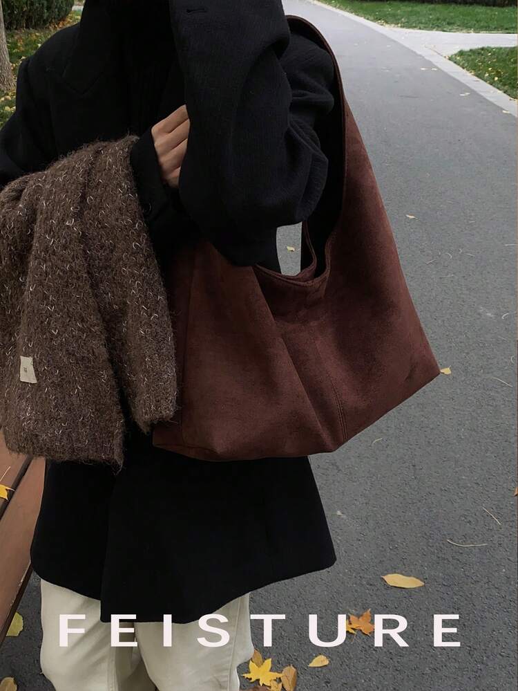 1 件 FEISTURE 绒面革面料大号日常通勤单肩包，时尚宽敞的手提包，带磁扣，适合日常外出、约会、通勤 - 咖啡 - 查看 3