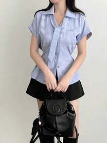 2025 春夏条纹印花时尚百搭女式纽扣短袖衬衫 - 藍色 - 查看 2