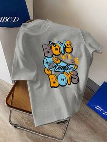 Cartoon Skateboard & Letter Print Round Neck T-Shirt For Young Boys