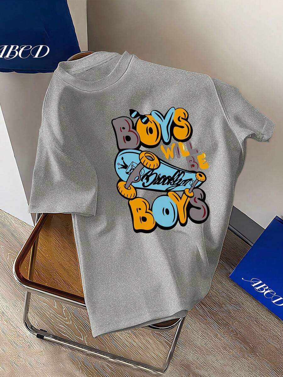 Cartoon Skateboard & Letter Print Round Neck T-Shirt For Young Boys