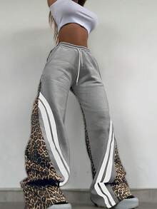 Calça Esportiva Casual e Fashionista para Mulheres, Estampa de Leopardo e Listras em Cores Sólidas para Outono e Inverno, Modelo Solto com Cadarço