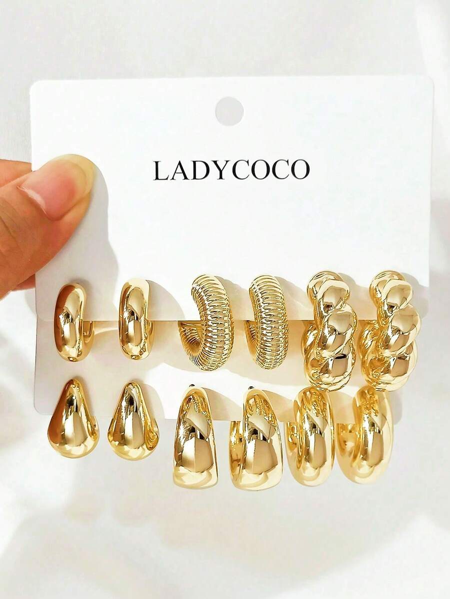 LADYCOCO Set 6 Pasang Anting Geometris Emas Elegan Cocok untuk Wanita