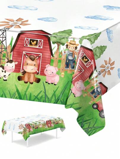 1pc Farm Animal Table Cloth, Red Cottage Farm Animal Pattern Table Cover, Birthday Party Table Decoration Table Flag, Farm Animal Theme Party Decoration Tablecloth, Babe Shower Decor, Gender Reveal Decorations, Farm Theme Disposable Tablecloth, Family Gathering Decorations Table Runner, Farm Decor, Home Cabinet Cover, Kitchen Dining Room Decor, Room Decor, Home Decor, Farm Animal Decorations, Birthday Gifts, Birthday Decorations, Party Favors
