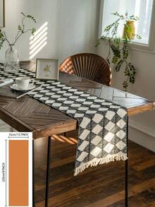1 khăn trải bàn kiểu Mỹ, họa tiết kẻ caro đen trắng, thiết kế tua rua dệt tay, đa năng cho ăn uống, tiệc tùng, dã ngoại, đạo cụ chụp ảnh, trang trí không gian, phong cách châu Âu - Đen và trắng - Xem 18