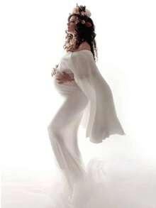 JustVH Pregnant Women Off-Shoulder Dress, Elegant Long Mermaid Gown Suitable For Baby Shower Photo Shoot White Spring - White - View 8