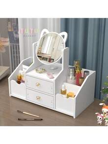 Caja de almacenamiento de cosméticos blanca de 1 pieza, Caja de almacenamiento de cosméticos de dos capas, caja de almacenamiento de joyas, estante para el cuidado de la piel, tocador, caja de exhibición de cosméticos, tocador con espejo y cajón con forma de oreja de gato, espejo de maquillaje, puede almacenar productos para el cuidado de la piel, cosméticos, joyas, cuidado de uñas, lápiz labial, etc., adecuado para tocadores, vestidores y dormitorios - Blanco - Ver 2