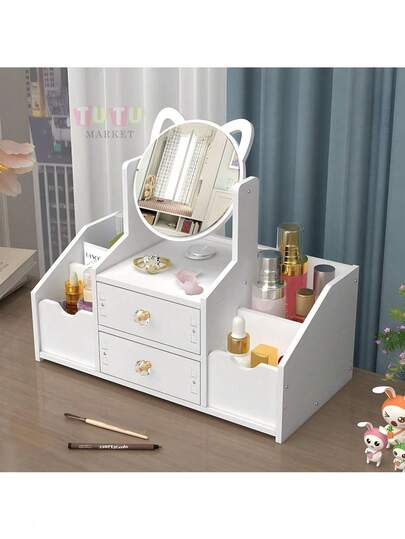 Caja de almacenamiento de cosméticos blanca de 1 pieza, Caja de almacenamiento de cosméticos de dos capas, caja de almacenamiento de joyas, estante para el cuidado de la piel, tocador, caja de exhibición de cosméticos, tocador con espejo y cajón con forma de oreja de gato, espejo de maquillaje, puede almacenar productos para el cuidado de la piel, cosméticos, joyas, cuidado de uñas, lápiz labial, etc., adecuado para tocadores, vestidores y dormitorios