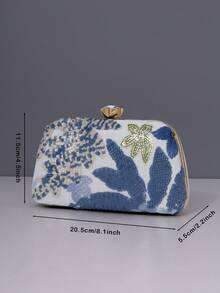 1件新款花卉图案女士手提包，2025新款复古蓝色亮片刺绣花朵链条晚宴包，适合派对女孩、新娘、新婚夫妇和办公室女士，派对、婚礼，迷你盒包（图案随机），适合工作、出差、郊游、通勤 - 藍色 - 查看 3