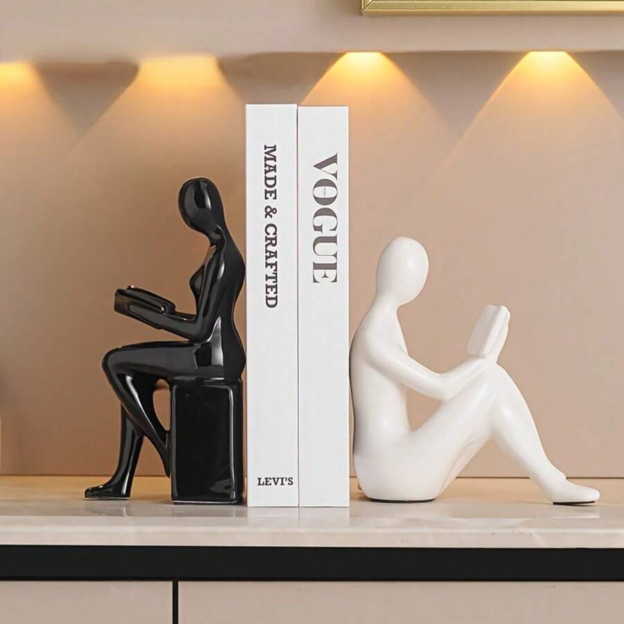 Ceramic Abstract Figure Bookends – Modern Minimalist Creative Bookcase Ornaments, Book Leaning Holders For Home Office & Living Room Decoration, Stylish Bookends - 黑與白 - 查看 1