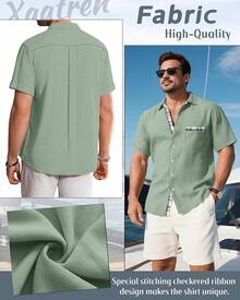 Men's Big And Tall Linen Shirts, Button Down Short Sleeve Summer Shirt Casual Cotton Beach Vacation Tops With Pockethalloween - Light Green - Xem 2