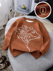 男童简约熊图案针织套头衫，适合春秋冬日常休闲穿着