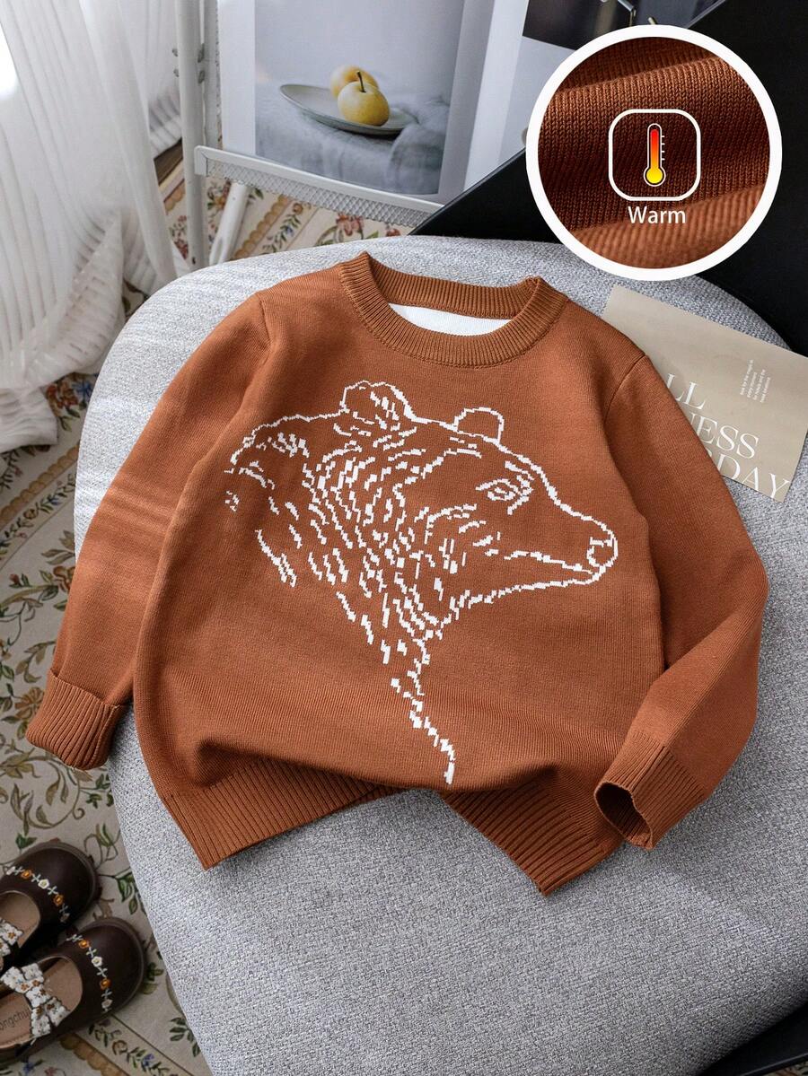 男童简约熊图案针织套头衫，适合春秋冬日常休闲穿着