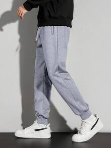 舒适男士宽松运动裤 - 柔软拉链口袋，抽绳腰带，纯色，适合所有季节、休闲装、休闲装和户外活动 - 淺灰色 - 查看 4