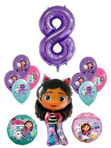 Tema de Gabby's Dollhouse - Globos de película de aluminio de alta calidad con forma de Gabby + Nuevos globos de látex impresos + Globos de película de aluminio digital morados, globos de látex morados, azules, blancos y rosas, adecuados para decoración de fiestas de cumpleaños, decoración de fiestas de festivales, decoración de globos para fiestas de cumpleaños de niños que aman a Gabby, Halloween, Navidad, Día de Acción de Gracias, Día del Niño - Multicolor - Ver 13