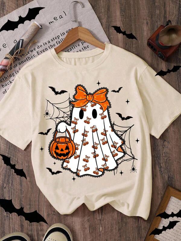 Plus Size Lace Ghost, Ghost Halloween, Girl GhostLacey Ghost, Spooky Pumpkin Season, Halloween Casual Vintage T-Shirt, Fall Clothes For Women, Y2k, Streetwear, Plus-Size Halloween Costumes