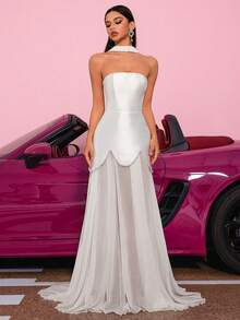 优雅的领口设计，无肩带，高腰，花朵拼接，露背系带，及地长裙，适合舞会、生日派对、晚宴、返校节、婚礼宾客、正式晚宴、家庭聚会等场合。 - 白色 - 查看 7