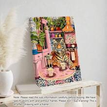 1pc Unframed Tiger With Coffee And French Press Canvas Print - Minimalist Kitchen Wall Art - Bold Tiger Coffee Enthusiast Decor - Vintage Jungle Print Posters,Wall Art,Room Decoration Stuff,Fall,Halloween,Modern,Vintage(Optional) Frame) - Multicolor - View 11