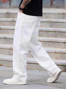 1件 Justice Brother 休闲宽松直筒牛仔裤，简约港式男士时尚舒适长裤，四季皆宜 - 白色 - 查看 9