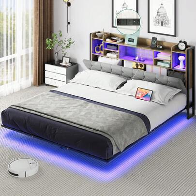 BALCONERA King Size Grey Bed Frame With Headboard – LED Equipped, USB Charging Ports, Metal Platform With 2-Tier Storage Shelves, No Box Spring Needed