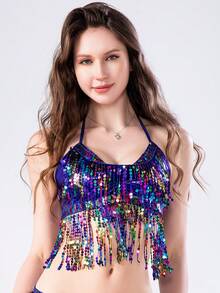 Sequined Tassel Costume Suit Belly Dance Costume Sequin Singer Backless Street Shot Bar Costume