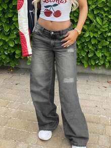 Women Casual Washed Straight Leg Low Rise Baggy Ripped Jeans - Grey - View 3