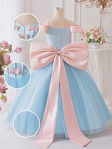 Tween Girls' Oversized Bow Strap Wedding Party Elegant Bridesmaid Birthday Banquet Dress, Off-Shoulder Princess Beauty Pageant Performance Ball Gown - 藍色 - 查看 5