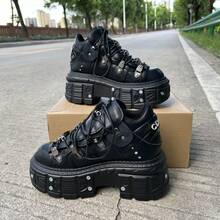 Gothic Punk Style Women And Men Platform Sneakers Black Vintage Metal Decorations Lace-Up Rock Ankle Boots Shoes - 黑色 - 查看 2
