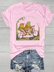Vibrant Cartoon Frog Print Crew Neck T-Shirt - Soft Micro Elasticity Polyester Fabric, Regular Length, Casual Short Sleeve Top For Spring & Summer, Womens Fashion Clothing With Positioning Printing - Hồng - Xem 1