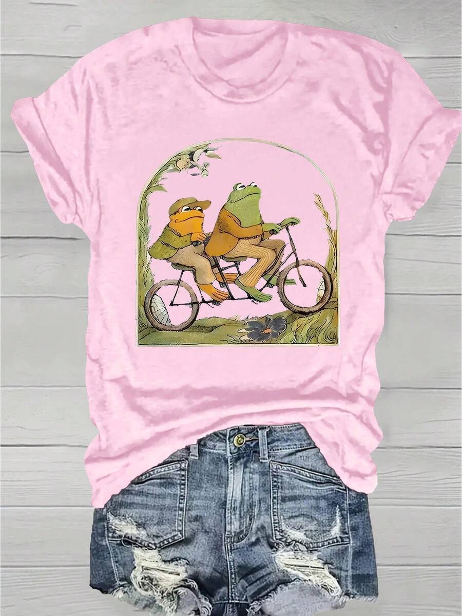 Vibrant Cartoon Frog Print Crew Neck T-Shirt - Soft Micro Elasticity Polyester Fabric, Regular Length, Casual Short Sleeve Top For Spring & Summer, Womens Fashion Clothing With Positioning Printing - Hồng - Xem 1