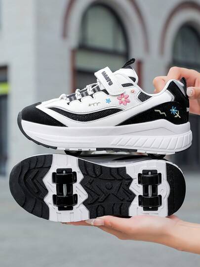 Patines de ruedas de 4 ruedas, zapatos deportivos de moda, zapatos de patinaje deportivos para exteriores, zapatos de patinaje de ruedas de corte bajo unisex con ruedas desmontables, diseño 2 en 1, con estampado floral y de hierba en la parte superior, adecuados para adolescentes, estudiantes, adultos y parejas