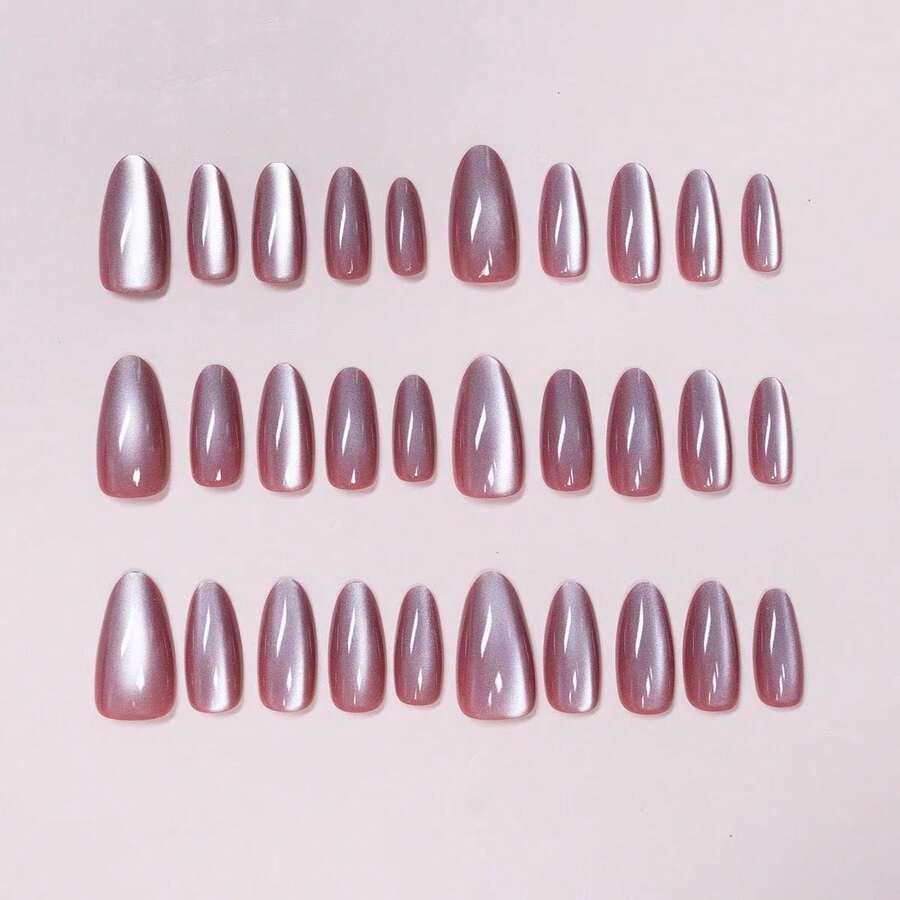 24Pcs Cat Eye Press On Nails Teardrop Shape Pink Magnetic Effect False Nails Glossy Finish Full Cover Glue On Nails Manicure Set - Màu Hồng Tươi - Xem 1