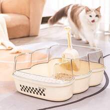 Large Semi-Open Cat Litter Box 41cm | Splash-Proof, Durable With Scoop - Khaki - View 2
