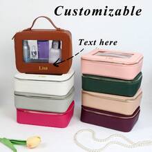 Customized Letters 1pc Colorful Portable PU Leather Cosmetic Case Graceful Life Travel Transparent Ladies Makeup Bag Clear TPU Water- Resistant Monogrammed Initial Letters Cosmetic Bag Women Toiletries Accessories Wash Bag Letter Multifunction, Versatile, Large Capacity, Lightweight, Functional, Foldable, Practical, All-Purpose Fashionable, Contracted, Minimalist, Preppy, Basics,Bags & Luggage,2025 Halloween Accessories,Essential For Daily Travel - Black - View 1