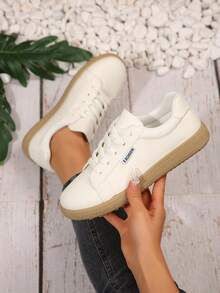 1 Pair Breathable Lace-Up Casual Sneakers, White Shoes For Girl, Spring/Summer/Autumn, 2025 New Fashion Unisex Sports Trainers, Suitable For Casual Wear - Beige - View 1