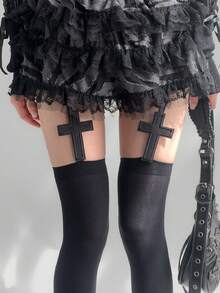 1pc Y2K Punk Style Cross Design Suspender Stockings, Sexy Black Thigh High Gothic Socks For Slim Millenial Gal, Cozy