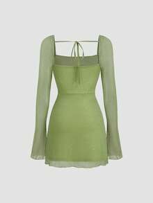 Robe mini à col carré, unie et pailletée, avec nœud