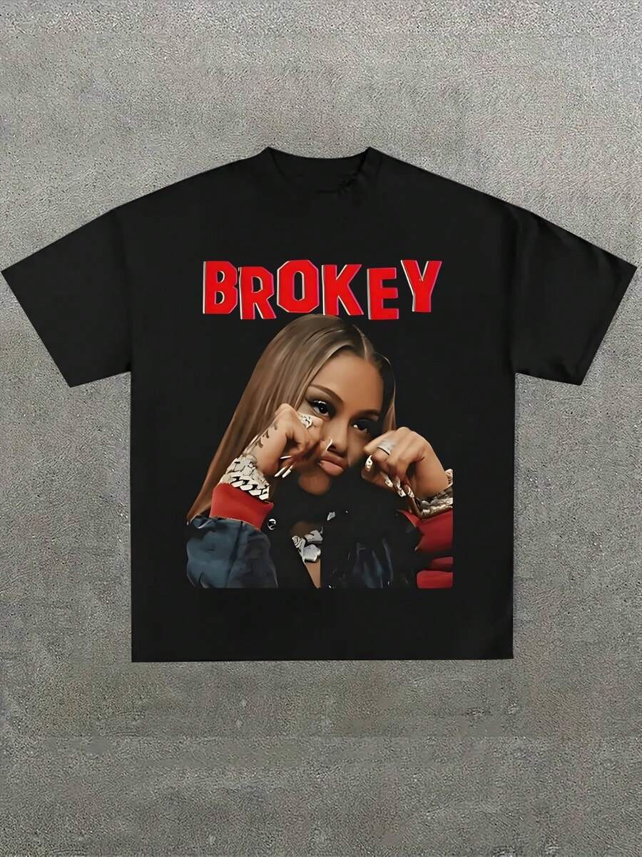 Brokey Street Style Hip Hop Graphic Oversized Tee,Casual Print Cotton 220 Grams Heavyweight Print T-Shirt,Summer - màu đen - Xem 1