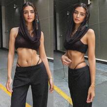 Women Knitted Hoodie Sweater Vest Sleeveless Hollow Out Hooded Crop Top Streetwear Rave Oufit - 黑色 - 查看 4