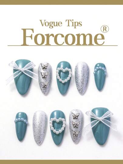 10 件短指甲片杏仁指甲片蝴蝶心形蕾丝丝带装饰闪亮钻石假指甲手工指甲