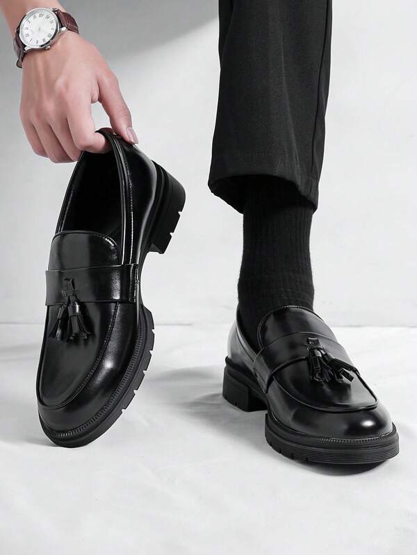 Business Black Dress Shoes For Men, Tassel Decor Dress Loafers