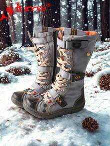 1 PairTMA EYES Women's Flat Bottom Padded Warm Thigh High Boots PU Leather Casual Side Zip Women's Boots - 黑色 - 查看 1