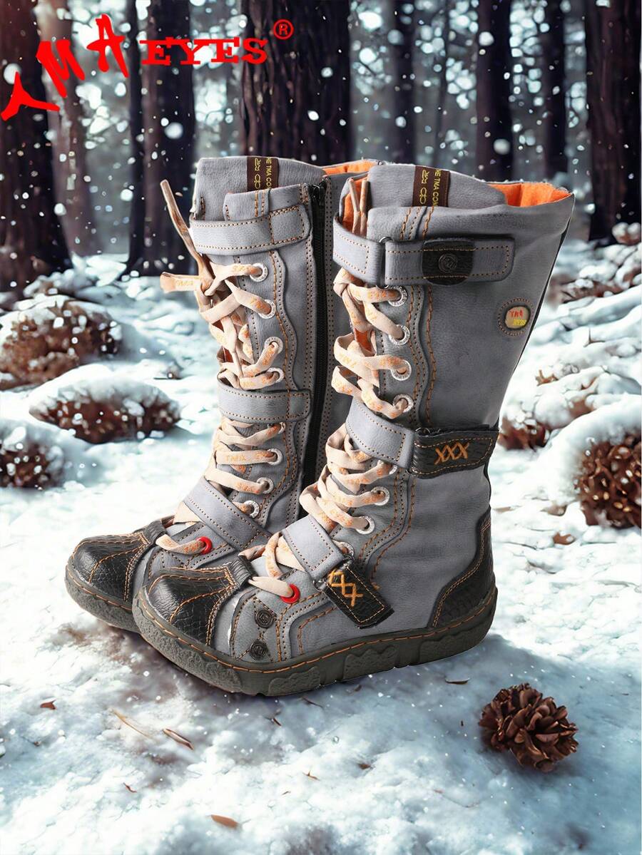 1 PairTMA EYES Women's Flat Bottom Padded Warm Thigh High Boots PU Leather Casual Side Zip Women's Boots - 黑色 - 查看 1