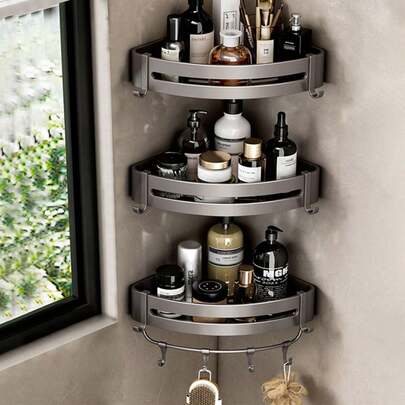 浴室收纳架，无需钻孔即可悬挂在墙上。三角形置物篮，适用于浴室淋浴房和卫生间。沐浴露架。墙角置物架，适用于卫生间和洗手盆。适用范围：浴室、洗手盆、厨房、洗衣房、浴室收纳。浴室配件、浴室工具、浴室用品