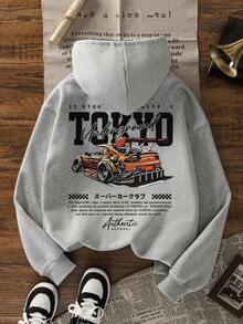 Áo nỉ nữ kiểu dáng thường ngày, in hình xe thể thao màu cam tối giản và chữ cái, đa năng cho trang phục hàng ngày, mùa thu/đông. - Màu xám đậm - Xem 3