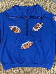 Womens Game Day Sweatshirts Football Sequin Hoodies Tailgate Outfits Long Sleeve Zipper Sweaters With Pocket - 藍色 - 查看 4